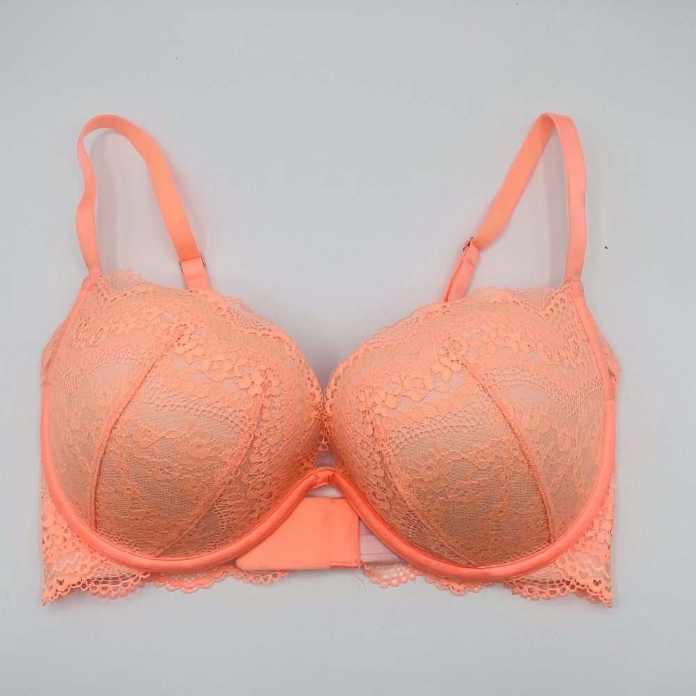 EUC‎ Victoria's Secret Plunge Bra Neon Peach Lace Underwire Womens 32DD Coquette